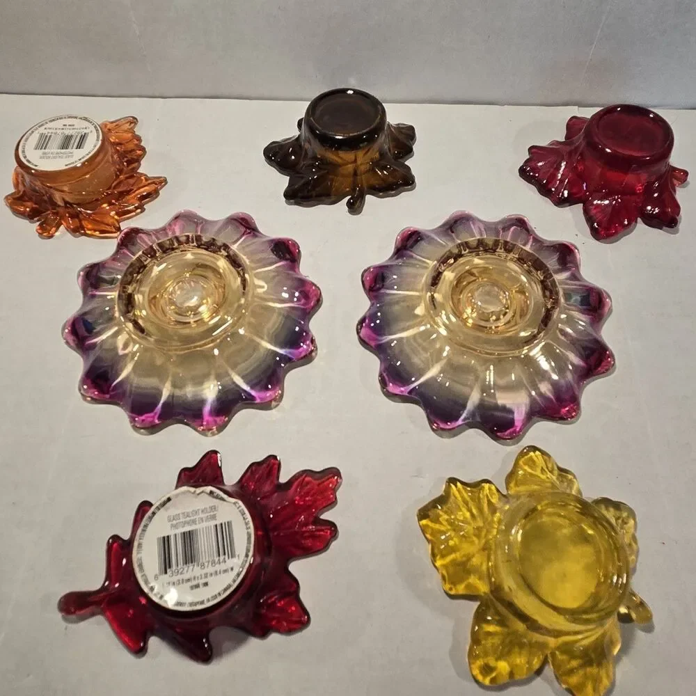 Vintage Federal Glass Celestial Candle Holder Set - Iridescent Sunburst & Autumn